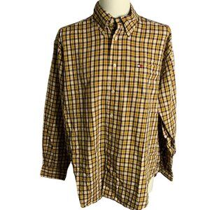 Vintage 90s Tommy Hilfiger Button Down Shirt L Yellow Plaid Long Sleeve Pocket